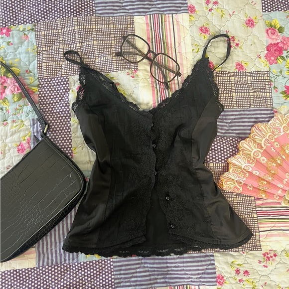 Y2K Black Lace Trim Button Up Camisole Top - Picture 5 of 5